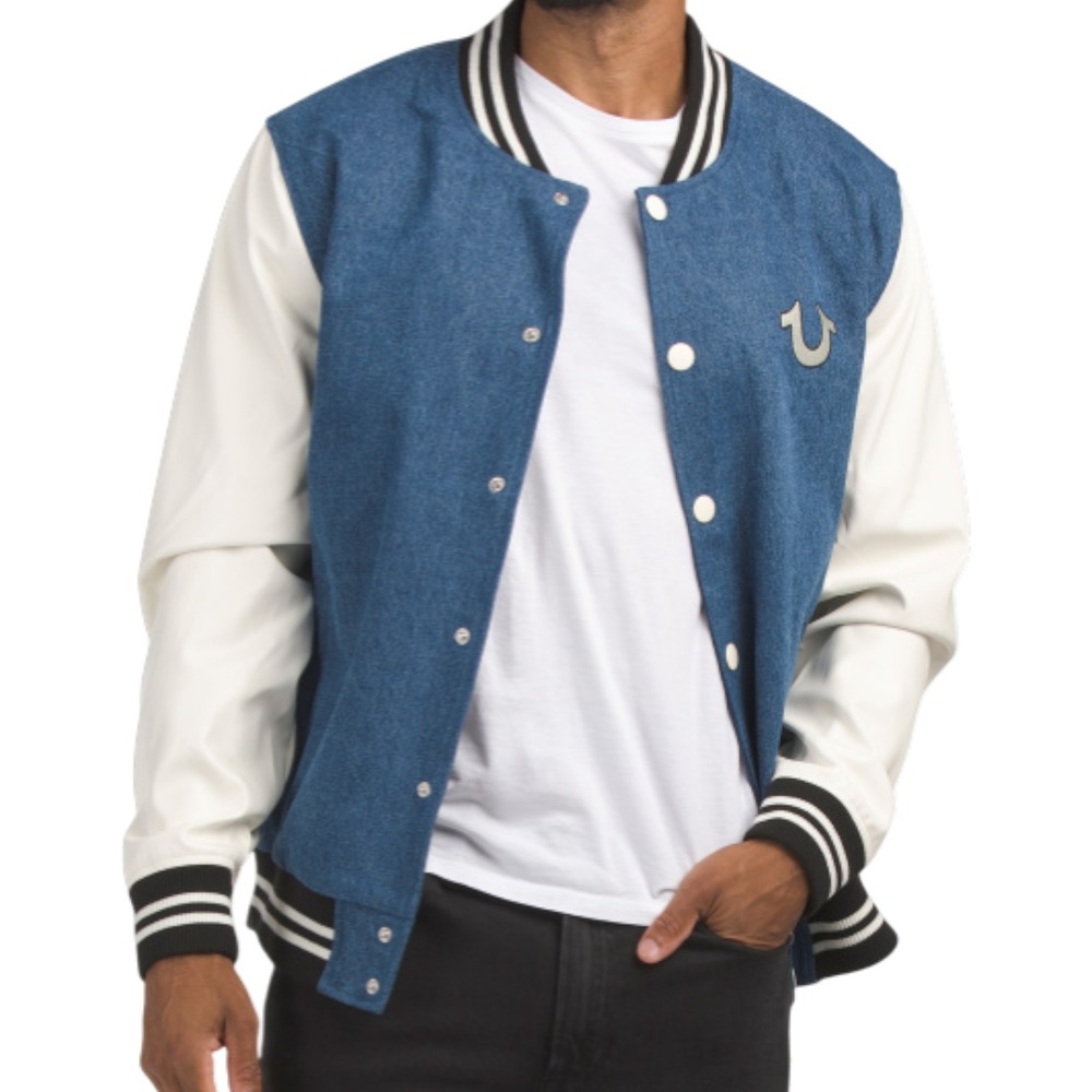 True Religion Varsity Jacket Mens Large Blue Denim White Sleeve Buddha Logo